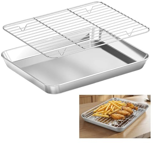 Bandeja de Horno con Rejilla Enfriamiento, Rectangular Acero Inoxidable, Pequeña Hornear y Servir, 26,5x20,5x2,5cm, Juego Cocinar Alambre, Fácil de Limpiar Apta para Lavavajillas