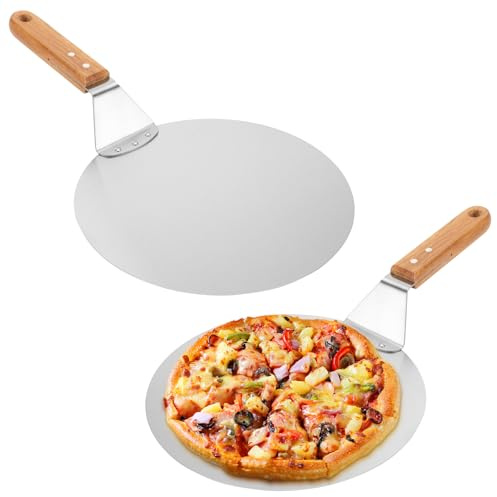 CHEUKYIU 2 Pale per Pizza Rotonda Forate 10 Pollici (25.4 cm) in Acciaio Inossidabile con Manico in Legno, Leggere e Resistenti al Calore, per Pizza Pane Crostate e Pasticceria