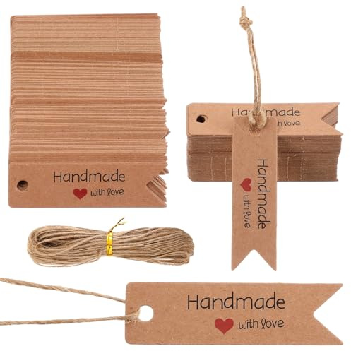 Guduling 200 Stück Geschenkanhänger Kraftpapier, Geschenkanhänger Handmade, Anhänger Papier, Etiketten Anhänger mit Handmade with Love für Einladungen, Hochzeit und Valentinstag