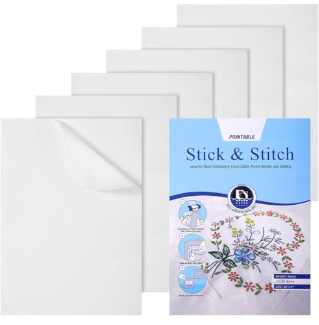 6PCS A4 Stick and Stitch Water Soluble Embroidery Paper, Self-Adhesive Printable & Drawable Transfer Stabilizer for Hand and Machine Embroidery, 11.7x8.3 Inch