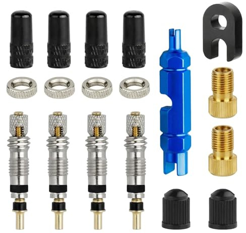 18-Teiliges Presta Ventileinsatz Ersatz Set – 4X Messing-Ventileinsätze, Französisches Ventil Adapter für Fahrrad und E-Scooter – mit Ventilkappen und Ausbauwerkzeug
