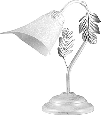 ONLI- Lámpara de mesa, lámpara, para mesilla escritorio Marilena Blanca y Plata. Dimensiones ancho 29 Altura 35 cm. attcco 1 luz E14. Decoración Hojas. Estilo retro clásico elegante chic