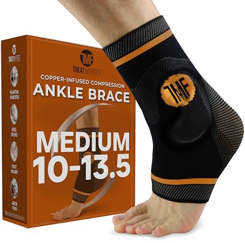 Treat My Feet Compression Ankle Brace with Silicone Ankle Support and Copper - Plantar Fasciitis Brace for Foot Pain & Achilles Tendonitis Relief - Ankle Brace for Women & Men - Medium Size