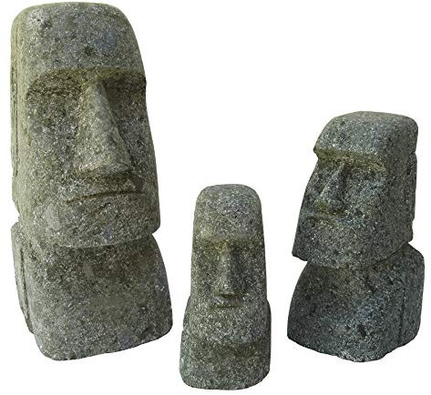 STONE art & more 3er Set Moai, Osterinsel-Kopf, 15 cm, 20 cm und 30 cm, grüner Lavastein, Basanit, Steinmetzarbeit, frostfest