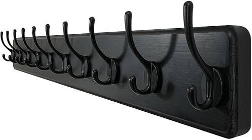 WEBI Garderobenleiste,98cm Lang Garderobenhaken,Wandgarderobe Holz mit 10 Haken,Kleiderhaken Wand,Hakenleiste Garderobe,Jackenhalter Wand für Mäntel,Jacken,Schwarz