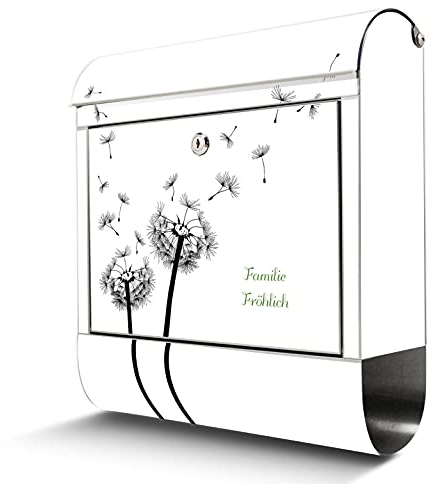 banjado® Briefkasten Edelstahl personalisiert mit Motiv Pusteblume 2 38x43x12cm & 2 Schlüssel - rostfreier Edelstahl Briefkasten mit Zeitungsfach - Postkasten A4 Einwurf inkl. Montagematerial