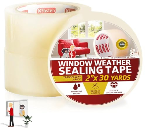 XFasten Transparent Window Weather Stripping Tape 2”x30yds (3-Pack Total 90yds), No Residue Insulation Tape for Windows and Doors, Winter Window Seal