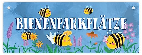 Bienenparkplätze Metallschild mit niedlichen Bienen als Dekoration für dein Blumenbeet im Garten oder deine Blumen auf der Terrasse oder dem Balkon