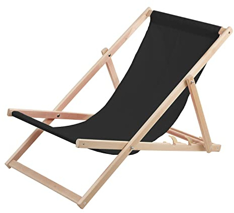 WOODOK Wooden Deck Chair Reclining Beach Patio Garden Large Seat (Black)