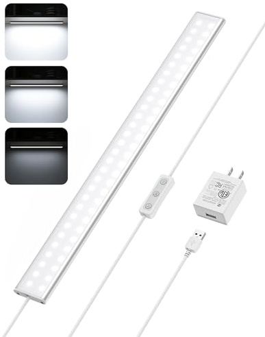 ASOKO Under Cabinet Light, Upgrade 16inch LED Closet Light with Dimmable 6000K Cool White and Memory Function, Plug-in Under Counter Lights for Kitchen/Desk/Shelf/Workbench/Display Case/Room