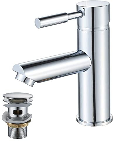 Basin Tap with pop up Waste,Luckyhome Washroom Sink Mixer Taps Single Lever Brass Cold and Hot Water Faucet