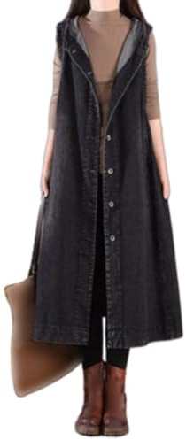 OLGER Rmellose Jeansweste Für Damen-Elegante Gewaschene Jeansweste Lange Weste Jeans Plus Size Jeansjacke Mit Kapuze Lässig Sommer Frühlingsjacke Kleid Knopfleiste Jacke Übergangsjacke,Schwarz,XXL