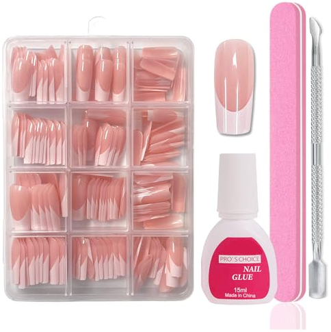 Maggidea Long Square Press on Nails, 240Pcs French Tip False Nails with Glue, Glossy Full Cover Nude Acrylic Stick on Nails Set for Women, Ballerina Manicure Decorations