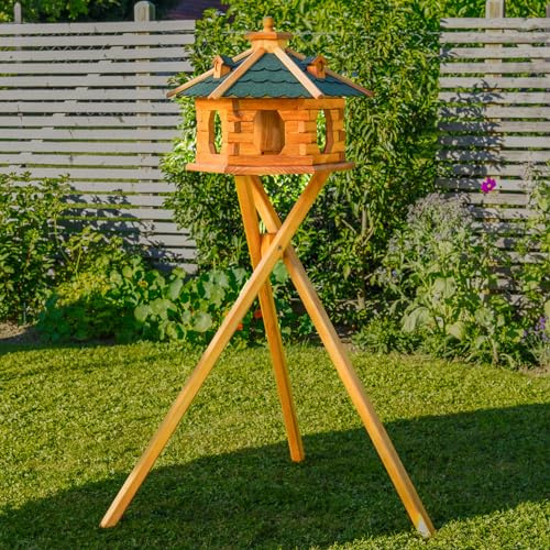 Deko-Shop-Hannusch Vogelhaus wahlweise mit Ständer und Solarbeleuchtung, Verschiedene Größen L - XXL, Futtersilo, wetterfestes Bitumendach (Größe Standard L mit Ständer, grün)
