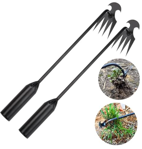 WMM Weed Puller Tool Gardening Tools Set of 2 Uprooting Weed Pulling Tool, 4 Teeth Manganese Steel Forged Weeding Tool for Vegetable, Portable Hand Weeder Tool for Garden Farm Planting Weeding