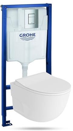 Lavita Vorwandelement Solido + Wand Hänge WC Roto Weiß Spülrandlos + WC Sitz mit Absenkautomatik Verchromter Knopf Komplettset Unterputz Spülkasten Toilette Komplett Sett WC