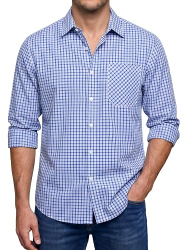Enlision Mens Plaid Shirt Long Sleeve Check Shirts for Men Smart Casual Button Down Checked Lumberjack Formal Business Work Top with Pocket Regular Fit, Light Blue and White, L