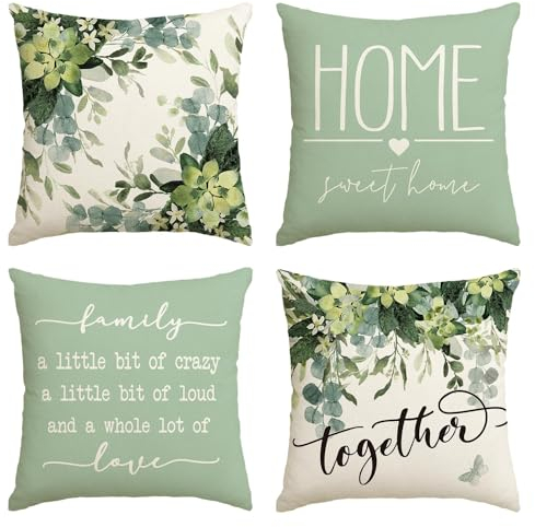 Artoid Mode Eucalyptus Leaves Summer Cushion Covers Set of 4, 45x45 cm Spring Home Sweet Home Decorative Pillow Case Cover Sofa Living Room Decor