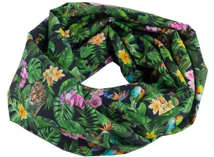 bettina bruder - Damen-Loop Schlauchschal Dschungel Blumen Blätter Vögel Leopard grün schwarz - 100% Baumwolle