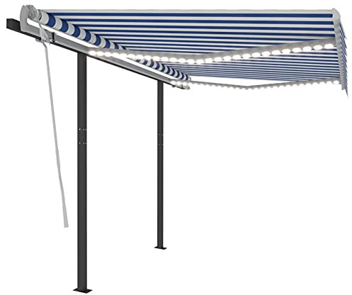 Homgoday Gelenkarmmarkise mit LED Markise Einziehbar Balkonmarkise Sonnenmarkise Sonnenschutz, Höhen und Winkel Verstellbar Markise für Terrasse Balkon Fenster 3,5x2,5 m Blau und Weiß