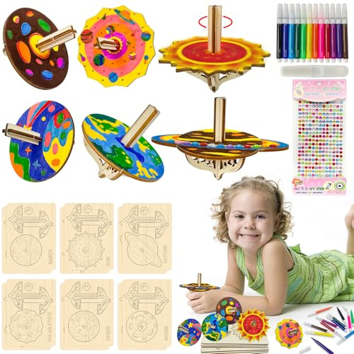 Ubephant Kreisel Holz DIY Bastelset, Kreisel Bastelset Kinder, Planeten Kreisel Handwerk Bemalen 12 pcs Kreisel Holz zum Bemalen Planeten Kreisel Bastelset Kit für Kinder Party Handwerk