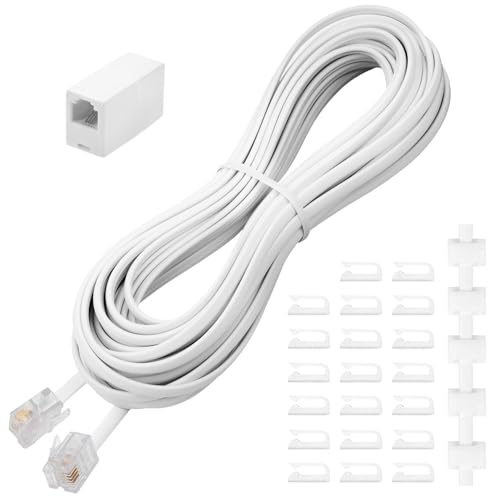 Uvital 25 Feet Phone Line Cord, RJ11 Phone Cable, Landline Telephone Wire with Telephone Coupler and 20pcs Cable Clips, for Modem, Fax Machine - White