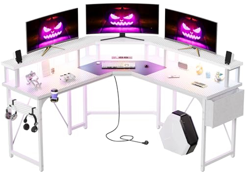 Devoko Scrivania Gaming Angolare con LED, 153x153 cm, Fibra di Carbonio Bianca
