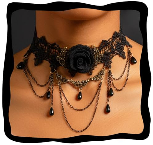 Fashband Schwarze Spitzen-Halskette, Gothic-Blumen-Halsketten, Halloween-Schmuck, Accessoires für Frauen