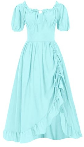 Dirndl Midi Damen - Schürze Dirndlbluse Hochgeschlossen a Trachtenkleid Modern Oktoberfest Schuhe Trachtenmode Trachten Komplettset Hellblau, L