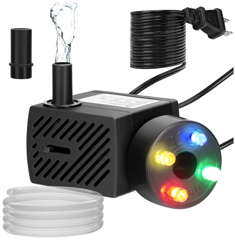 DaToo Mini Submersible Fountain Water Pump With LED Light 95GPH 5W Small Ultra Quiet Water Pump With Tubing For Aquarium Fish Tank Outdoor Pond Water Feature Fountain Statuary
