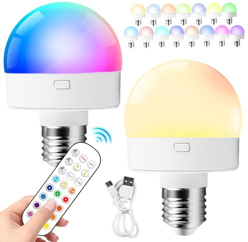 BORDEAG USB-C Wiederaufladbare Glühbirne,2 Stück 15 Farben E26 E27 Akku Glühbirne Mit Fernbedienung,Glühbirne Mit Batterie,USB-C Aufladbare Glühbirne Für Notlicht Innen/Außen,Camping
