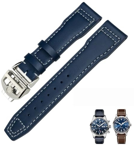 DFAMIN 20 mm 21 mm 22 mm Echtleder-Armband passend für IWC Fliegeruhr IW3777 PORTOFINO Mark 18 Schwarz Blau Braun Armband Herren(Blue Folding,22mm)