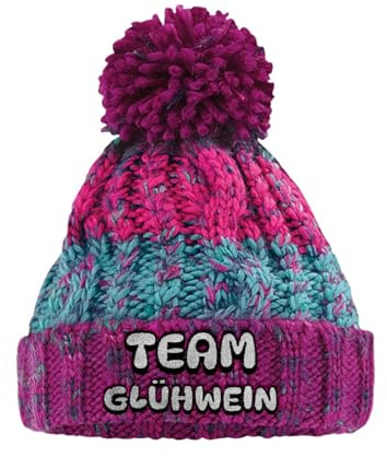 tshirtladen Strickmütze Team Glühwein Bommelmütze mit Stick lustige Wintermütze aus Strick für Damen und Herren Spruchmütze Unisex Beanie weich wärmend