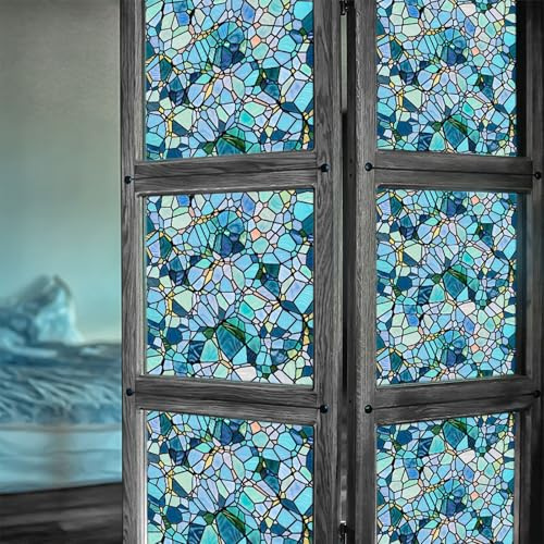 Eiauiuo Selbstklebende Fensterfolie Blickdicht Sichtschutzfolie Statisch Ohne Klebstoff Milchglasfolie mit Blaue Kieselsteine Fenster Dekorfolie Einseitige Sichtschutz Glasfolie für Büro Balkon Küchen