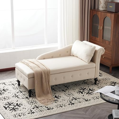 KecDuey Samt Chaiselongue Sofa, Indoor Lounge Sofa mit Rechter Armlehne,mit Stauraum,Chaiselongue-Couch mit Kissen,moderner Loungesessel mit Nagelkopfbesatz (Beige)