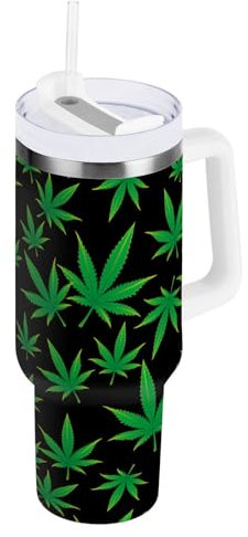 OWFKAY Vaso de café aislado de 40 onzas con tapa y pajilla, botella de agua, vaso de acero inoxidable para hombres y mujeres, idea de regalo única, patrón de hojas verdes 3