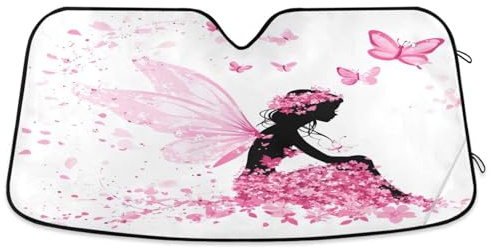 Pare-soleil pour pare-brise de voiture, fleurs féériques, papillons, rose, couverture de fenêtre avant pliable, pare-soleil réflecteur de voiture – 140 x 70 cm