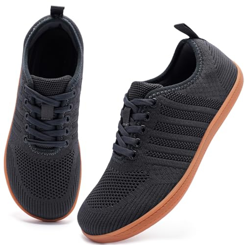 Barefoot Shoes for Womens Trainers Extra Wide Fit Memory Foam Arch Support Running Shoes Ladies Lace Up Lightweight Non Slip Outdoor Walking Sneakers Grey UK 6.5