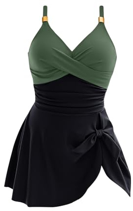 Badeanzug Damen Bauchweg, Bademode Einteiliger V Ausschnitt Sexy, Badekleid Push Up, Badeanzüge Große Größen, Swimsuit Swimwear for Women (DE/NL/SE/PL, Alphanumerisch, XXL, Regular, Regular, Grün)