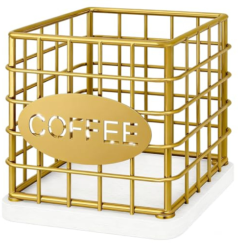 YATINEY Coffee Pod Holder for K Cup, Large Capacity Coffee Pod Organizer, Versatile Coffee Capsule Storage Basket with Wooden Base, Gold and White KH10DW