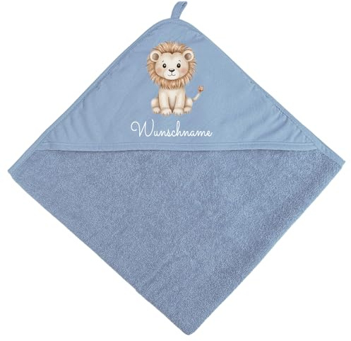 Elefantasie Baby Kapuzenhandtuch personalisiert mit Motiv Dschungel und Name 75 x 75 cm Baumwolle Frottee Saugfähig (Blau)