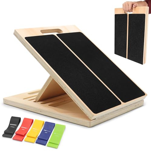 Justerbar lutningsbräda i trä 40 x 30 x 4,5 cm med 5 elastiska band – halkfri fitnessbräda för stretching, knäböj, kalvar och rehabilitering – med träningsväska