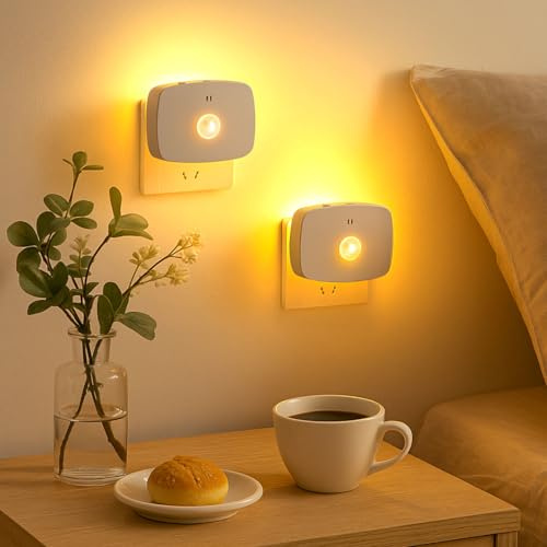 Timasser 2 Stück Nachtlicht Steckdose mit Bewegungsmelder und Dämmerungssensor, Helligkeit Einstellbar 0.5-70 lm, Auto/On/Off, 2700K Warmweiß Steckdosenlampe für Schlafzimmer, Flur, Treppe