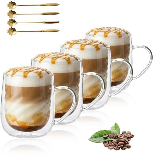 GEYUEYA Home Latte Macchiato Gläser Kaffeegläser doppelwandig 4er Set 450ml | Doppelwandige Gläser, modernes Design, Spülmaschinenfest, Geschenk, Café, Haushalt