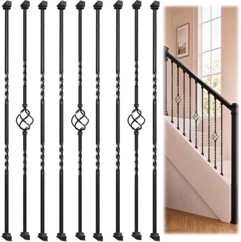 WUDLEP 9 PCS Wrought Iron Balusters, 1/2 Inch Hollow Twist and Basket | 36 in Decoartive Banister Spindles, Stair Baluster with 18 upper and lower accessories for Stairs, Decks, Porches