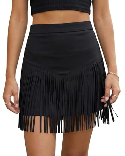 Edhomenn Womens Cowgirl Skirt Cowboy Fringe Mini Skirt Festival Outfits (03 Black 2, XL)