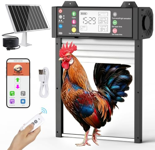Automatische Hühnerklappe Solar Aluminium mit WLAN APP, Timer & Lichtsensor | Elektrische Hühnerklappe mit 4000mAh Akku, LCD Display, Fernbedienung, Intelligenter Einklemmschutz und Wetterfestem Design