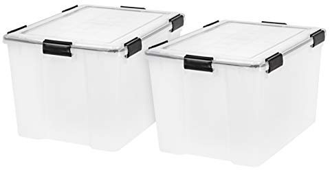 IRIS USA WeatherPro 74 Qt Storage Bins with Lids, 2 Pack, BPA-Free Plastic Gasket Box with Tight Latch and Seal, Stackable Nestable Tote Tub - Clear/Black