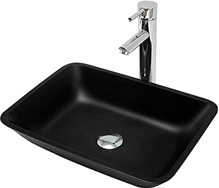 SHUGUANG Gehärtetes Glas Waschbecken, Rechteckig Aufsatzwaschbecken Glas Aufsatz Waschschale Waschtisch Matt Waschbecken Waschschale, Handwaschbecken mit Chrom Wasserhahn, 460×330×110mm,Schwarz