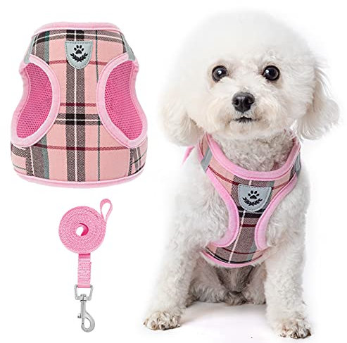 KOOLTAIL Small Dog Harness and Lead Set, Soft Mesh Plaid Puppy Harness with Safety Buckle, Adjustable & Comfortable Padded Reflective Vest for Puppies and Small Breeds Dogs Walking